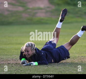 La Manga Club, Spain. 12th Feb, 2014. The newly formed Manchester City Women's team training at La Manga Club in Spain, complete with new signings.  England star striker Toni Duggan tries her hand in goal Credit:  Tony Henshaw/Alamy Live News Stock Photo