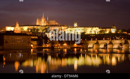 Castle and Charles Bridge by night in Prague, Czech Republic. Stock Photo