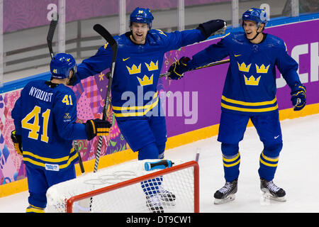 Sochi, Krasnodar Krai, Russia. 12th Feb, 2014. Swedish players celebrate their team's second goal during the Men's Ice Hockey preliminary round between Sweden and the Czech Republic at the Bolshoy Ice Dome, Coastal Cluster - XXII Olympic Winter Games Credit:  Action Plus Sports/Alamy Live News Stock Photo