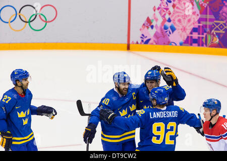 Sochi, Krasnodar Krai, Russia. 12th Feb, 2014. Swedish players celebrate their team's third goal during the Men's Ice Hockey preliminary round between Sweden and the Czech Republic at the Bolshoy Ice Dome, Coastal Cluster - XXII Olympic Winter Games Credit:  Action Plus Sports/Alamy Live News Stock Photo