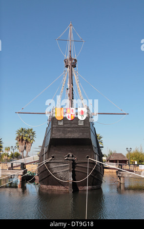 View of the stern of the Santa Maria replica ship in the Wharf of the Caravels, Huelva, Andalusia, Spain. Stock Photo