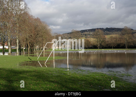 Playing field in Monmouth Wales, flooded due to storms Feb 2014 Stock Photo