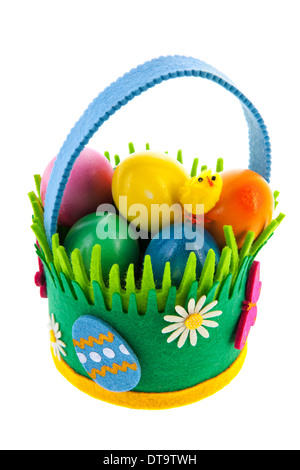 Felting basket full colorful easter eggs isolated over white background Stock Photo