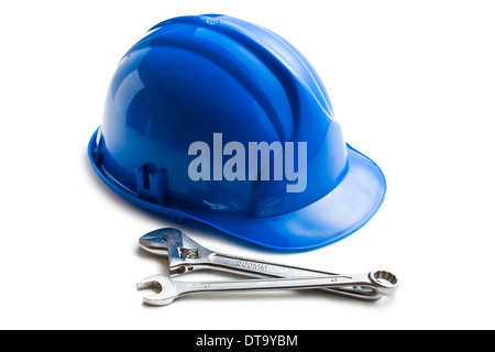 hard hat with various working tools on white background Stock Photo