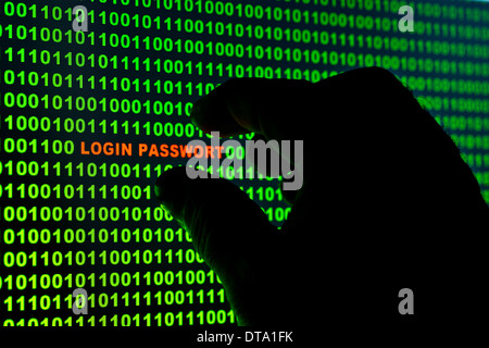 Hand reaching for the words "Login Passwort" in a binary code Stock Photo