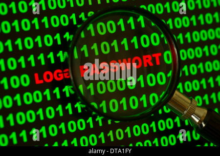 Binary code with the words "Login Passwort" viewed through a magnifying glass Stock Photo