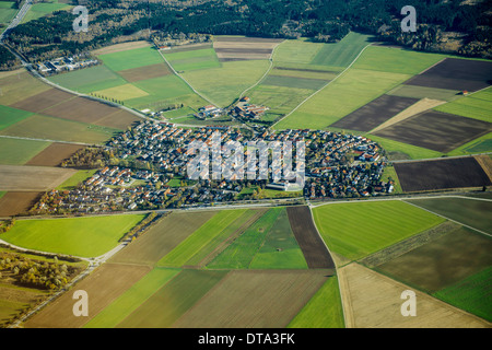 Aerial view, village with fields and meadows, Aying, Bavaria, Upper Bavaria, Germany Stock Photo