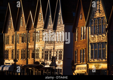 Row of houses, Tyske Bryggen in the evening light, Bergen, Hordaland, Norway Stock Photo