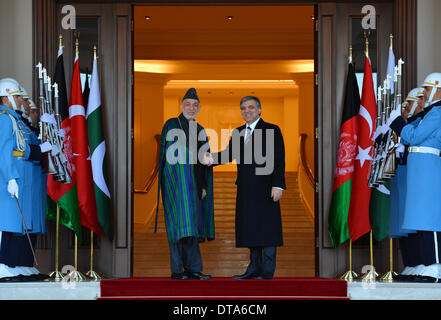 Ankara, Turkey. 13th Feb, 2014. Turkish President Abdullah Gul (R) shakes hands with Afghan President Hamid Karzai during the 8th Turkey-Afghanistan-Pakistan Trilateral Summit in Ankara, capital of Turkey, on Feb. 13, 2014. Credit:  Turkish Presidential Palace/Xinhua/Alamy Live News Stock Photo