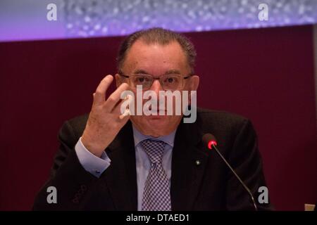 Turin, Italy. 13th Feb, 2014. Giorgio Squinzi since May 24th 2012 he is President of Confindustria. Here he speaks at Unione Industriale (Industrial union) at an event against the crisis named ''amo l'Italia ma basta!'' (I love Italy but it's time to act) © Mauro Ujetto/NurPhoto/ZUMAPRESS.com/Alamy Live News Stock Photo