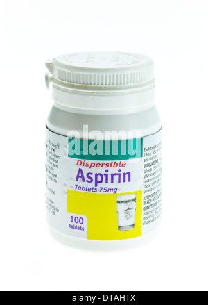 Bottle of dispersible aspirin 75mg tablets on a white background Stock Photo