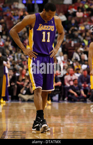 February 7, 2014: Los Angeles Lakers small forward Wesley Johnson (11) looks down during the NBA game between the Los Angeles Lakers and the Philadelphia 76ers at the Wells Fargo Center in Philadelphia, Pennsylvania. The Lakers won 112-98. (Christopher Szagola/Cal Sport Media) Stock Photo