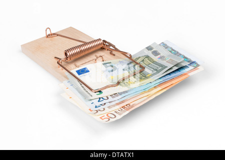 Mouse trap with Euro bills isolated over white with clipping path. Stock Photo