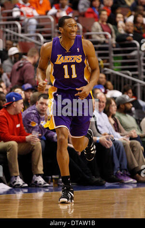 February 7, 2014: Los Angeles Lakers small forward Wesley Johnson (11) reacts during the NBA game between the Los Angeles Lakers and the Philadelphia 76ers at the Wells Fargo Center in Philadelphia, Pennsylvania. The Lakers won 112-98. (Christopher Szagola/Cal Sport Media) Stock Photo