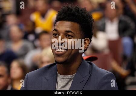 February 7, 2014: Los Angeles Lakers small forward Nick Young (0) looks on from the bench during the NBA game between the Los Angeles Lakers and the Philadelphia 76ers at the Wells Fargo Center in Philadelphia, Pennsylvania. The Lakers won 112-98. (Christopher Szagola/Cal Sport Media) Stock Photo