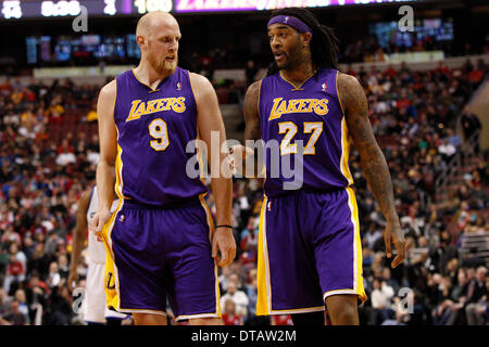 February 7, 2014: Los Angeles Lakers power forward Jordan Hill (27) talks with center Chris Kaman (9) during the NBA game between the Los Angeles Lakers and the Philadelphia 76ers at the Wells Fargo Center in Philadelphia, Pennsylvania. The Lakers won 112-98. (Christopher Szagola/Cal Sport Media) Stock Photo
