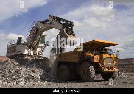 A large Liebherr 9350 backhoe excavator loads ore into a Caterpillar 785C haul truck in a large, open cast, African copper mine. Stock Photo