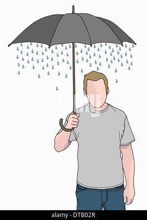 Illustration of man holding umbrella that rain is coming out of Stock Photo