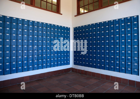 Locker room with blue lockers Stock Photo