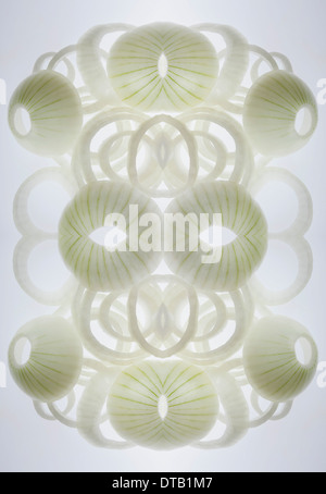 A digital composite of mirrored images of an arrangement of onion slices Stock Photo