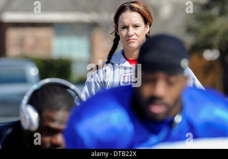 Feb. 13, 2014 - Allen, TX, United States of America - Jennifer Welter waits for her turn to participate in a drill during practice Thursday, February 13, 2014, in Allen, Texas. The 5-foot-2-inch, 130 pound Welter is the first woman to try out for a professional football team at a position other than kicker, she is trying to make the Texas Revolution of the Arena Football League, as a running back. Stock Photo
