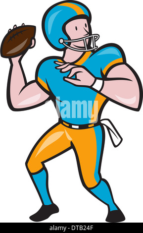 Illustration of an american football gridiron quarterback player throwing ball facing side on isolated background done in cartoon style. Stock Photo