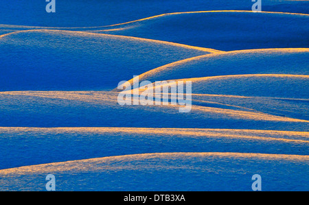 A  winter landscape of a series of golden lines created by the setting sun reflecting on the top of snow covered hills Stock Photo