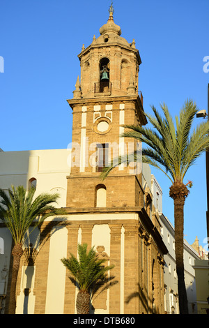 Bell tower of Iglesia de Santiago Apostal, Plaza de la Catedral, Old Town, Cádiz, Cádiz Province, Andalusia, Spain Stock Photo