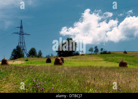 Rural landscape in Carpatian mountains in summer and electrified track Stock Photo