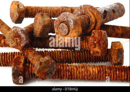 Rusty nut and bolt on white background Stock Photo
