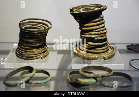 Bronze objects. Bracelets from graves of the Piikkio cemetery. National Museum of Finland. Helsinki. Stock Photo