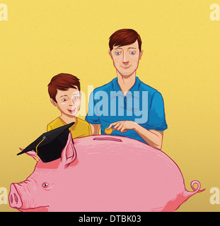 Illustrative image of father with son inserting money in piggy bank representing savings for education Stock Photo