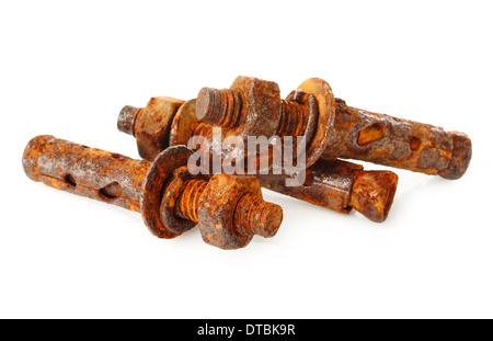 Rusty nut and bolt on white background Stock Photo