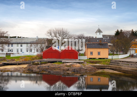 Colorful wooden houses in small Norwegian fishing village Stock Photo