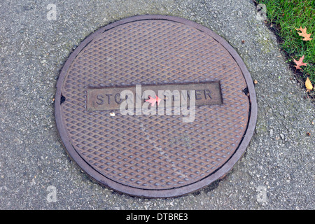 Manhole cover (storm sewer) in Boston, Massachusetts, USA Stock Photo