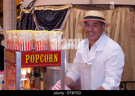 Blackpool, Lancashire, UK 14th February, 2014. Mr Mark Laughton selling popcorn at Blackpool's annual festival of circus, magic & new variety. Stock Photo