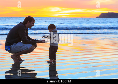 Father and toddler son playing on beach, San Diego, California, USA