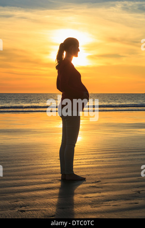 Pregnant mid adult woman on beach at sunset, San Diego, California, USA Stock Photo