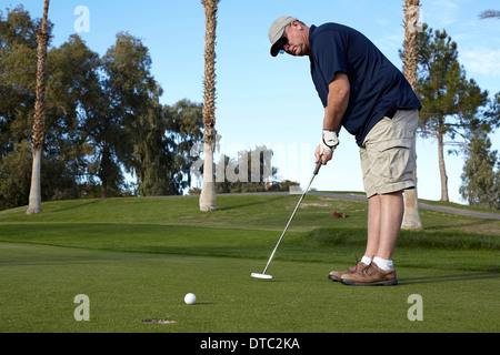 Portrait of mature male golfer taking shot on green Stock Photo