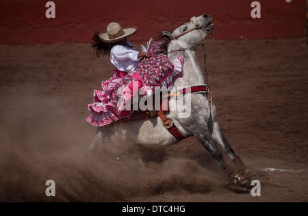 An escaramuza stops her horse during an Escaramuza competition in the Lienzo Charros el Penon, Mexico City Stock Photo