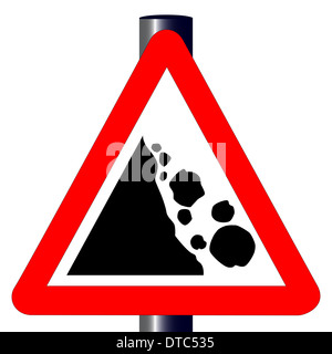 The traditional 'DANGER FALLING ROCKS' triangle, traffic sign isolated on a white background.. Stock Photo