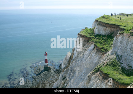 The highest chalk sea cliffs in Britain at Beachy Head tower over the Beachy Head Lighthouse, East Sussex. Stock Photo