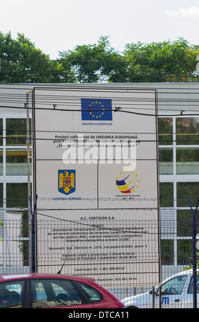 Sign of a Romanian project financed by European Regional Development Fund (FEDER) in Bucharest, Romania Stock Photo