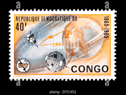 Postage stamp from the Congo Democratic Republic depicting artificial satellites Stock Photo