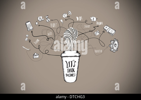 Composite image of business and applications doodles with coffee cup Stock Photo