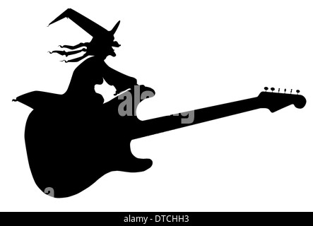 A witch sitting on a flying electric guitar Stock Photo