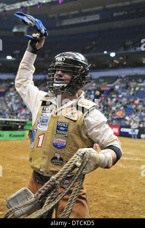 St. Louis, Missouri, USA. 14th Feb, 2014. February 14, 2014: Rider Chase Outlaw (13) on bull Half Throttle as seen during the Professional Bull Riders Built Ford Tough Series at the Scottrade Center in St. Louis. Credit:  csm/Alamy Live News Stock Photo