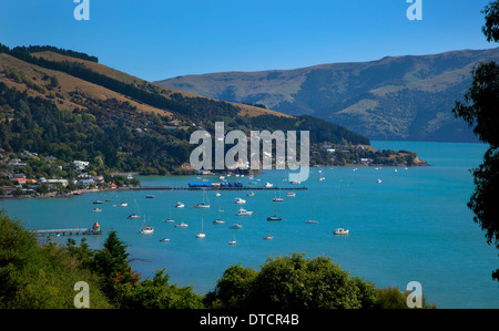 View over pretty Harbour town of Akaroa, Banks Peninsula, South Island, New Zealand Stock Photo