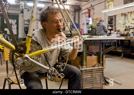 Berlin, Germany, bicycle frame building in the workshop of Ostrad Stock Photo