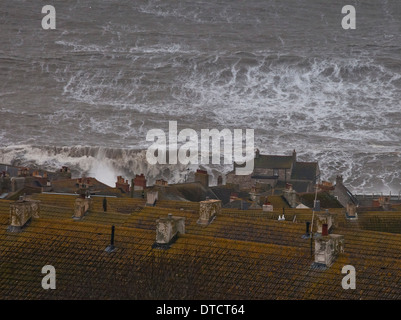 Giant waves on Chesil Beach Portland Dorset from 15/2/14 storm Stock Photo